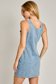 SLEEVELESS SCOOP NECK SEAMED DENIM MINI DRESS
