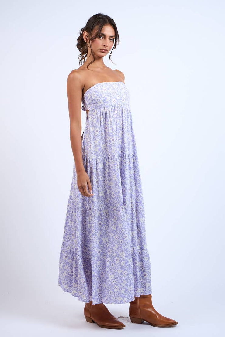 LIGHT PURPLE FLORAL OPEN BACK TIE TUBE MAXI DRESS