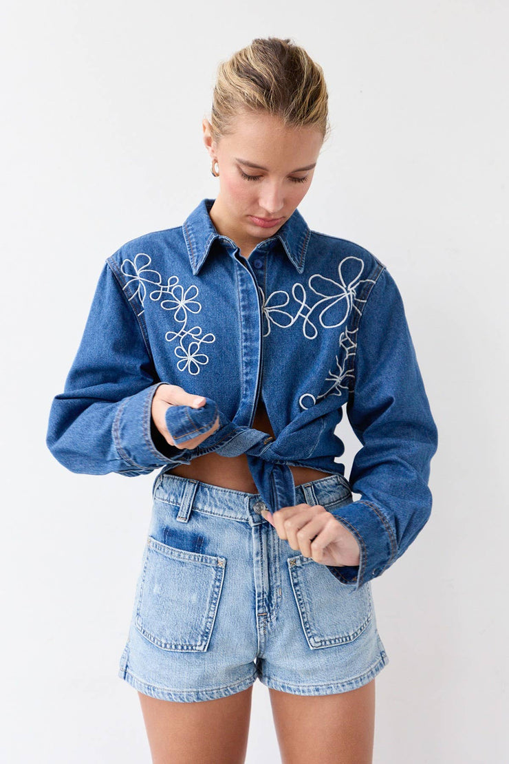 Darcie Denim Shacket with Embroidery