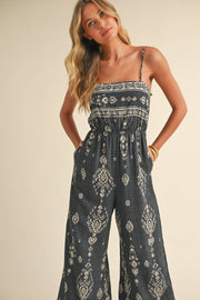IJP3028  SMOCKED PRINTED WIDE LEG ANKLE LENGTH JUMPSUIT