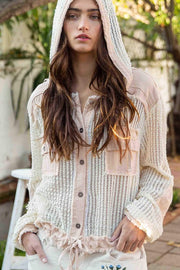 Tamara Knit Button Down Pocket Hooded Shirt Top