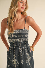 IJP3028  SMOCKED PRINTED WIDE LEG ANKLE LENGTH JUMPSUIT