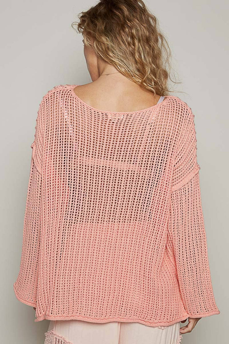 Round neck long sleeve star weave solid lightweight sweater