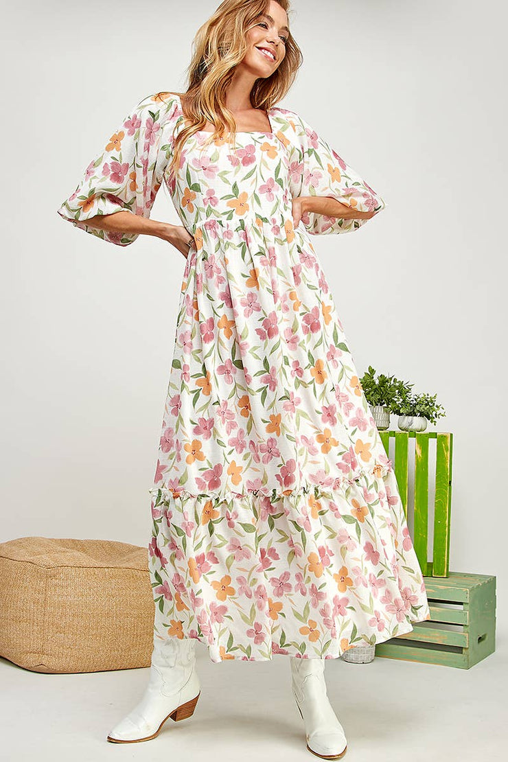 FLOWER PRINT BALLOON SLEEVE TIERED DRESS