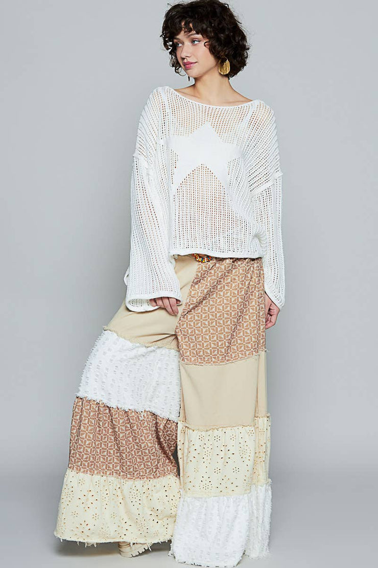 Round neck long sleeve star weave solid lightweight sweater