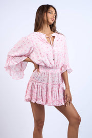 CLIP DOT FLORAL FLARE SLEEVE TIERED MINI DRESS