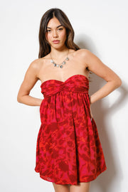 FLORAL PRINTED STRAPLESS BABYDOLL MINI DRESS