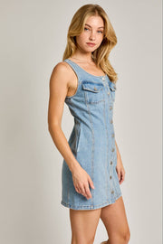SLEEVELESS SCOOP NECK SEAMED DENIM MINI DRESS