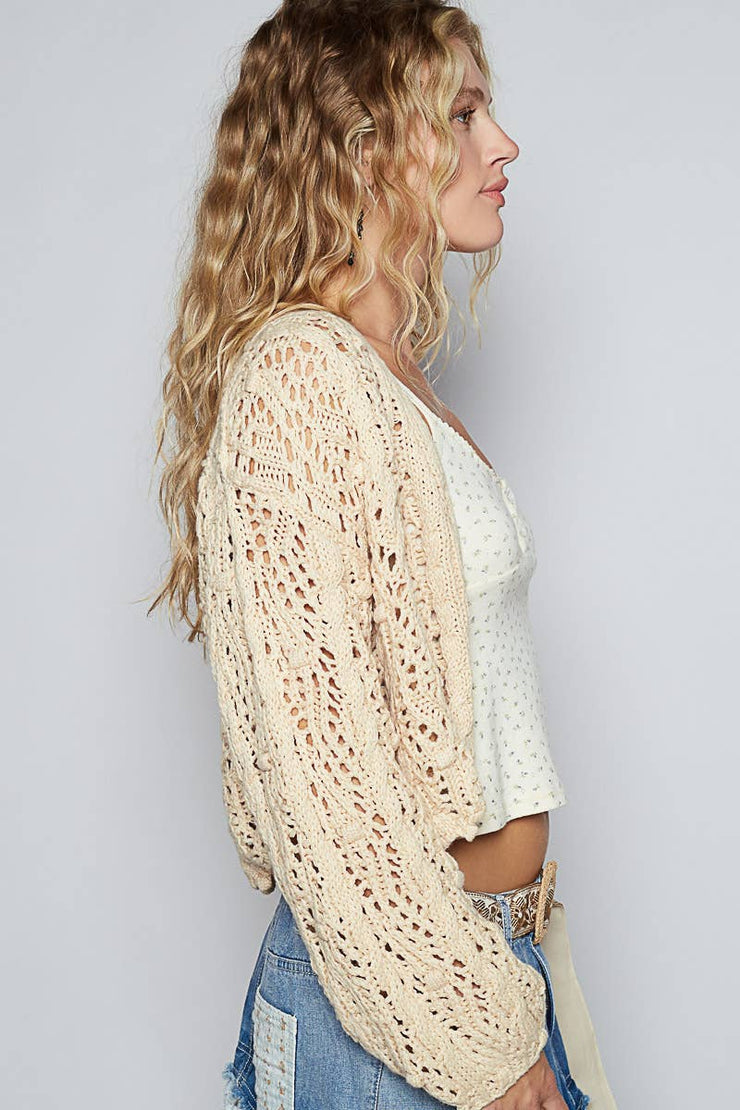 V-ncek long sleeve open weaving cardigan sweater