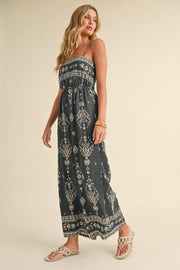 IJP3028  SMOCKED PRINTED WIDE LEG ANKLE LENGTH JUMPSUIT