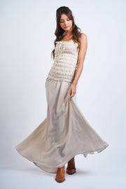 PALE CHECKER SMOCKED BODY RUFFLE TUBE MAXI DRESS