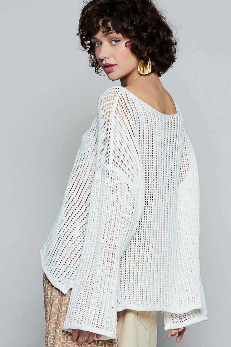 Round neck long sleeve star weave solid lightweight sweater