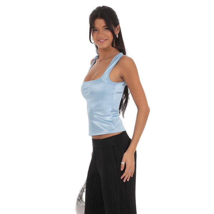 Satin Square Neck Top in Sky Blue