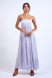 LIGHT PURPLE FLORAL OPEN BACK TIE TUBE MAXI DRESS