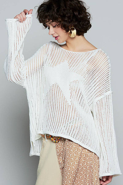 Round neck long sleeve star weave solid lightweight sweater