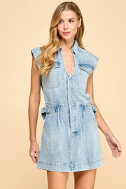 CD05053-V Neck Denim Cinched Sleeveless Collared Dress