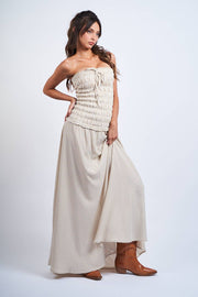 PALE CHECKER SMOCKED BODY RUFFLE TUBE MAXI DRESS
