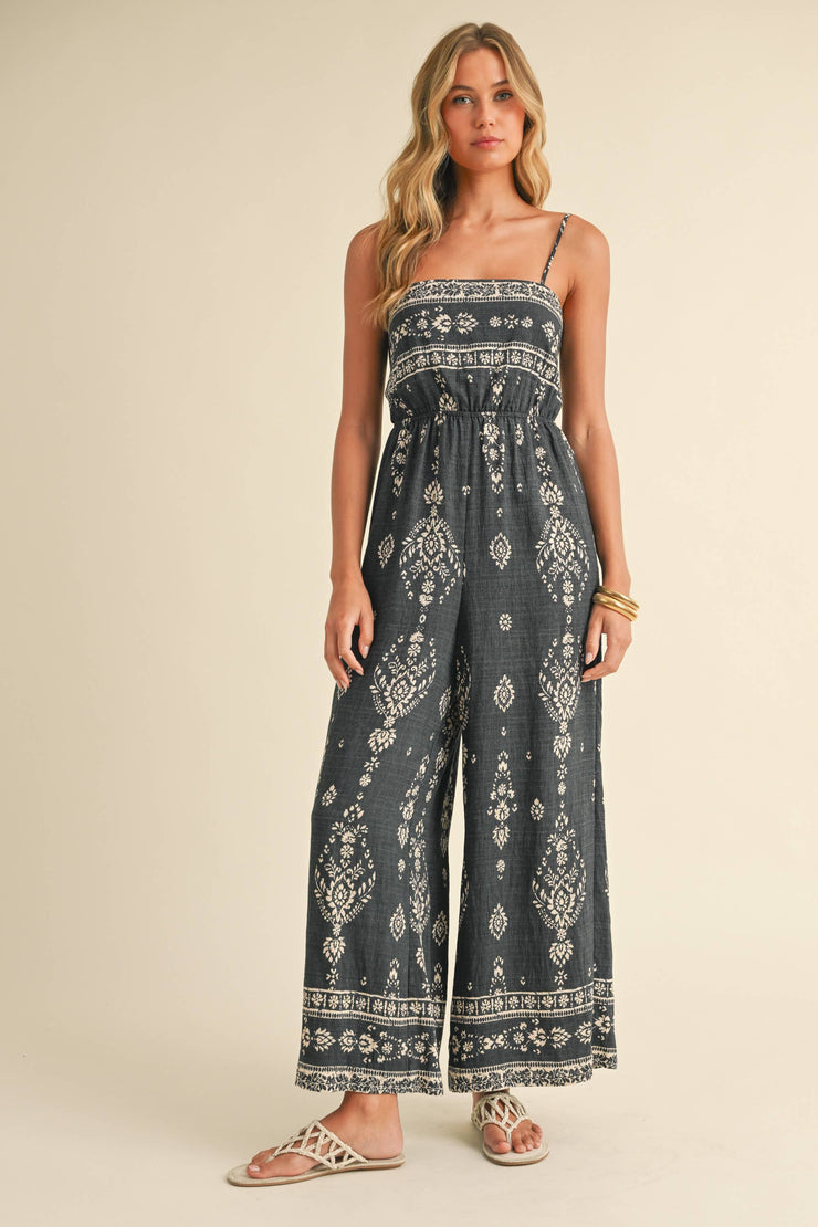 IJP3028  SMOCKED PRINTED WIDE LEG ANKLE LENGTH JUMPSUIT
