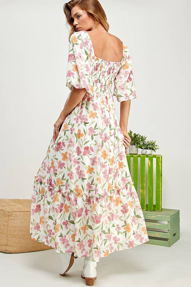 FLOWER PRINT BALLOON SLEEVE TIERED DRESS