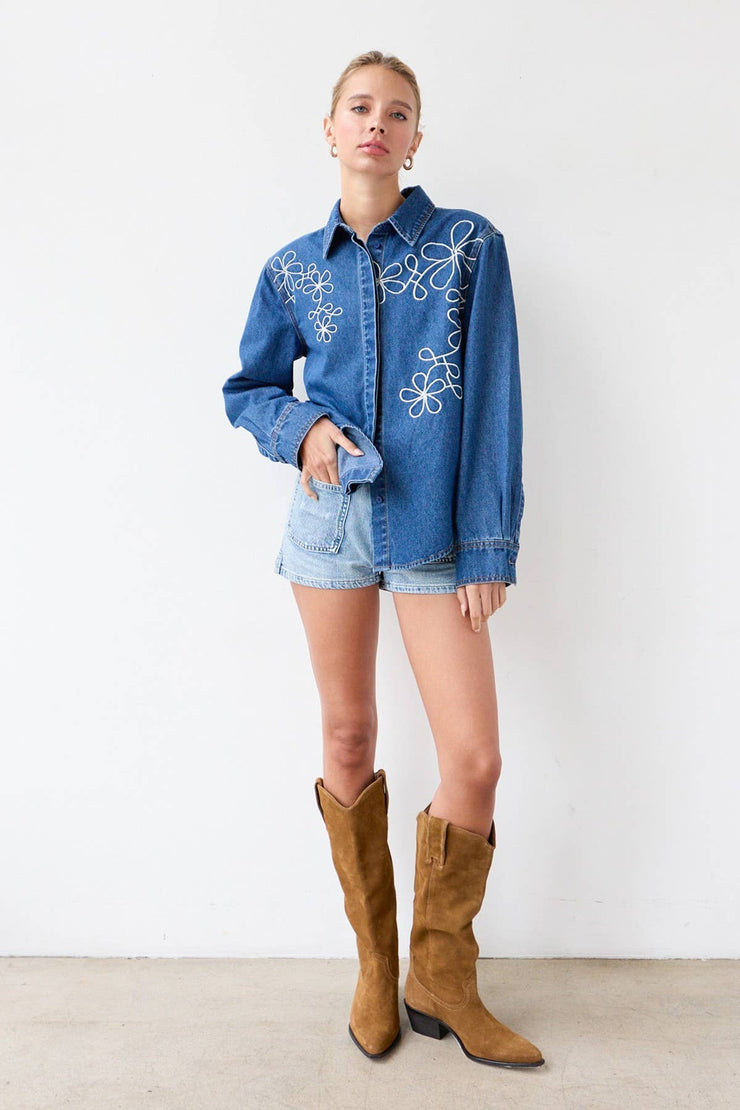 Darcie Denim Shacket with Embroidery