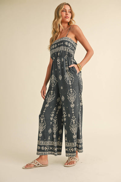 IJP3028  SMOCKED PRINTED WIDE LEG ANKLE LENGTH JUMPSUIT