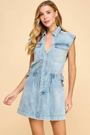 CD05053-V Neck Denim Cinched Sleeveless Collared Dress