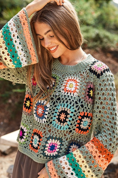 Kara Floral Crochet Striped Sleeve Cropped Knit Sweater
