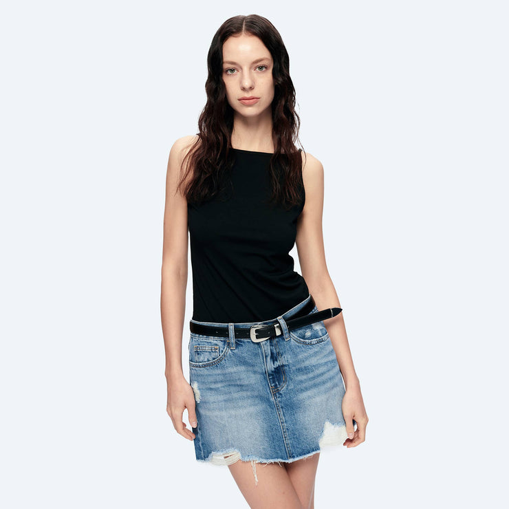A-LINE DENIM MINI SKIRT WITH FRAYED HEM