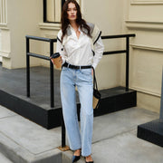 Mari MID RISE BARREL DENIM JEANS WITH FINISHED HEM