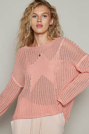 Round neck long sleeve star weave solid lightweight sweater