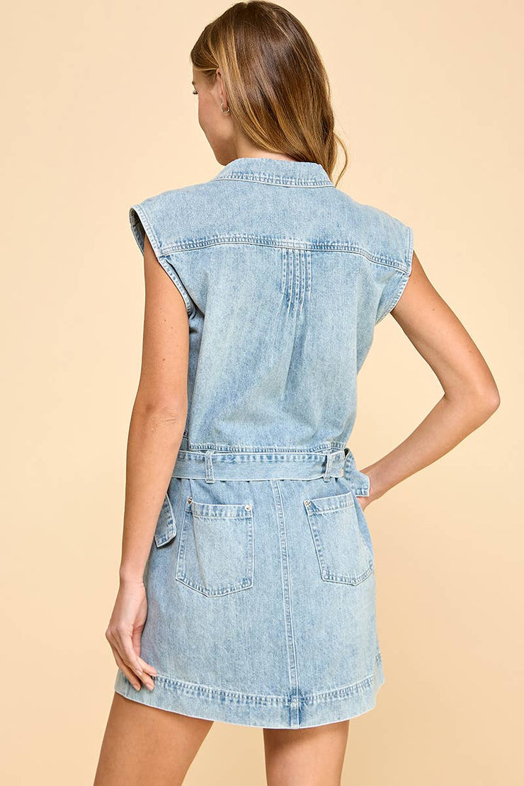 CD05053-V Neck Denim Cinched Sleeveless Collared Dress