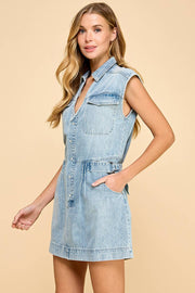 CD05053-V Neck Denim Cinched Sleeveless Collared Dress