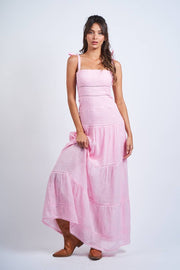 MUTED SOLID COLOR TIERED LACE TRIM TUBE MAXI DRESS