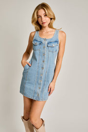 SLEEVELESS SCOOP NECK SEAMED DENIM MINI DRESS