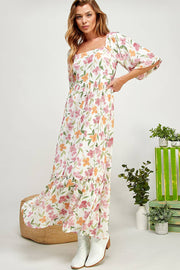 FLOWER PRINT BALLOON SLEEVE TIERED DRESS