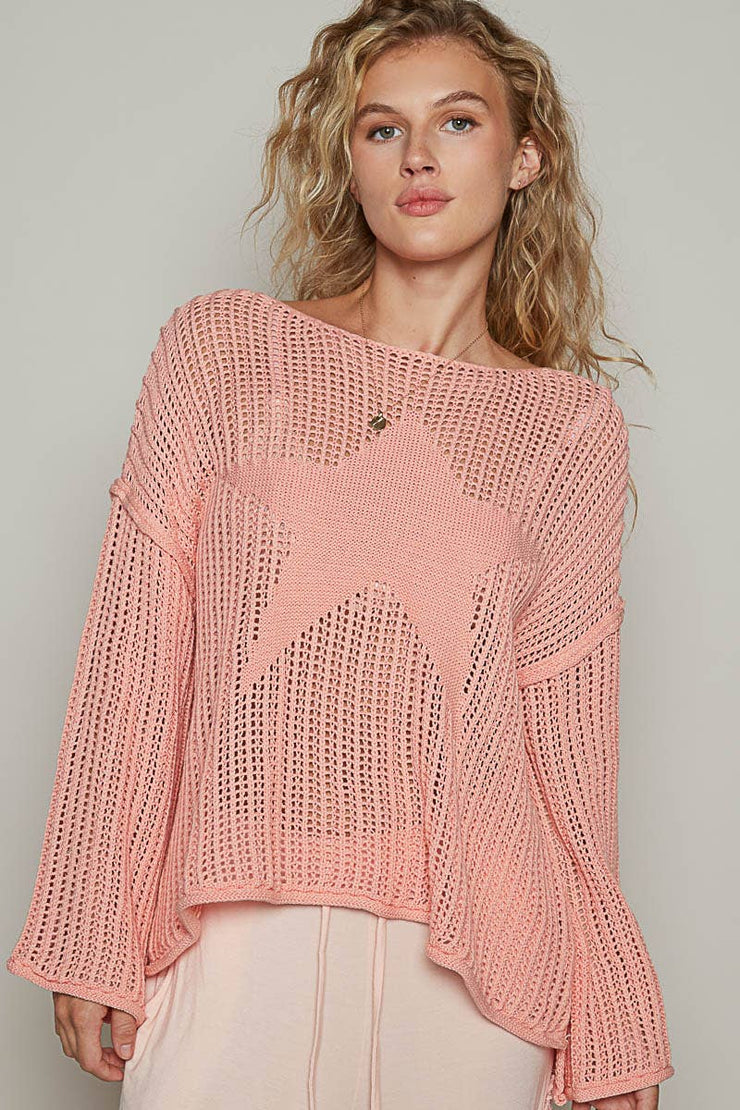 Round neck long sleeve star weave solid lightweight sweater