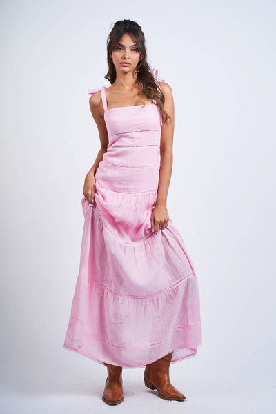 MUTED SOLID COLOR TIERED LACE TRIM TUBE MAXI DRESS