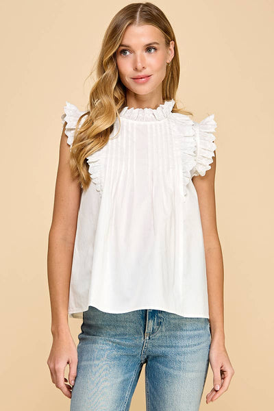 CT9187-Cotton Sleeveless Ruffled Lace Detail Top