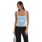 Satin Square Neck Top in Sky Blue