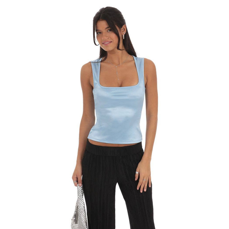 Satin Square Neck Top in Sky Blue
