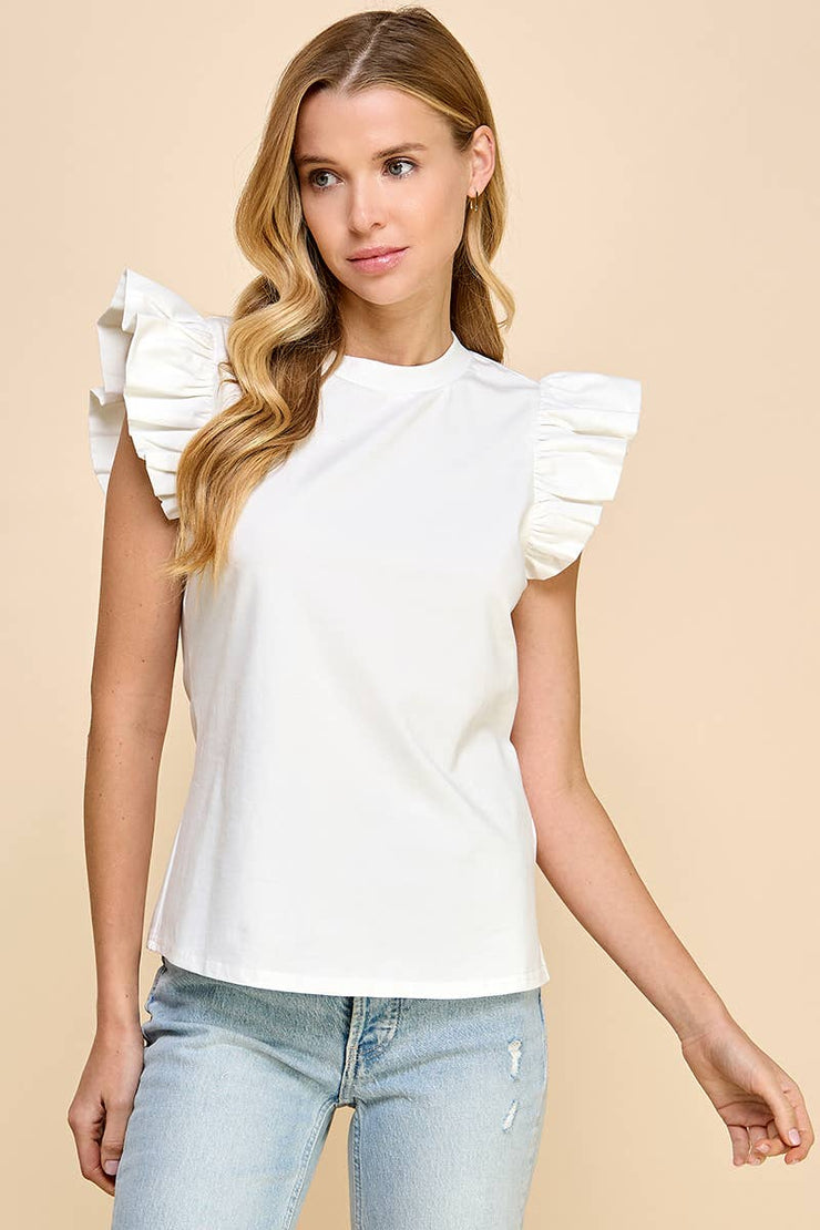 CT8763-Ruffle Sleeve Poplin Top