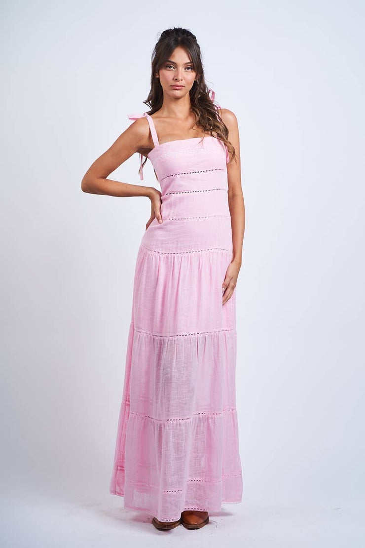 MUTED SOLID COLOR TIERED LACE TRIM TUBE MAXI DRESS