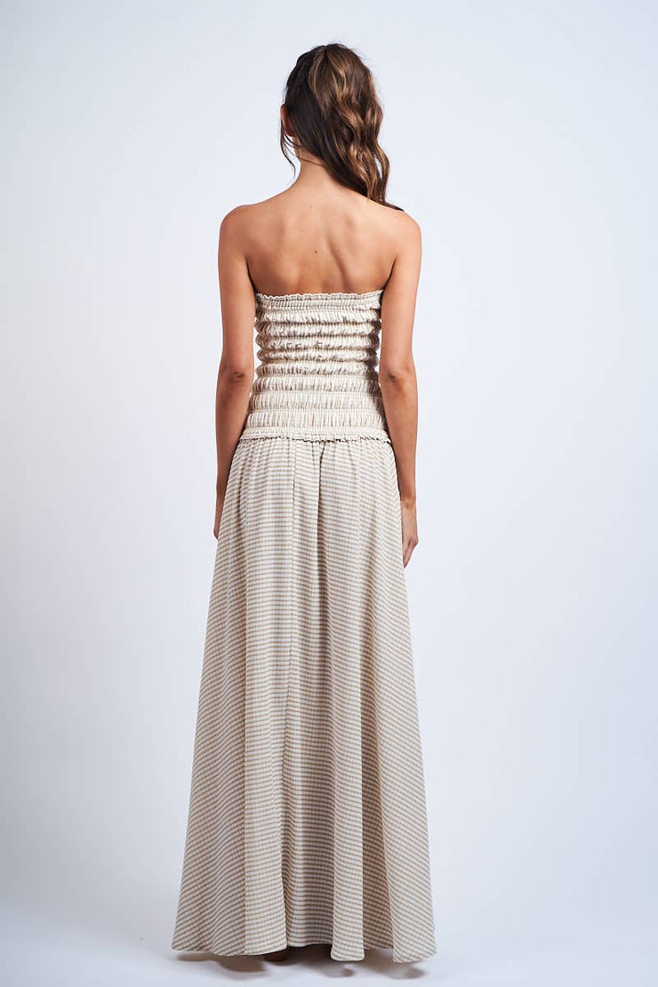 PALE CHECKER SMOCKED BODY RUFFLE TUBE MAXI DRESS