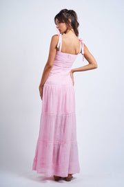 MUTED SOLID COLOR TIERED LACE TRIM TUBE MAXI DRESS